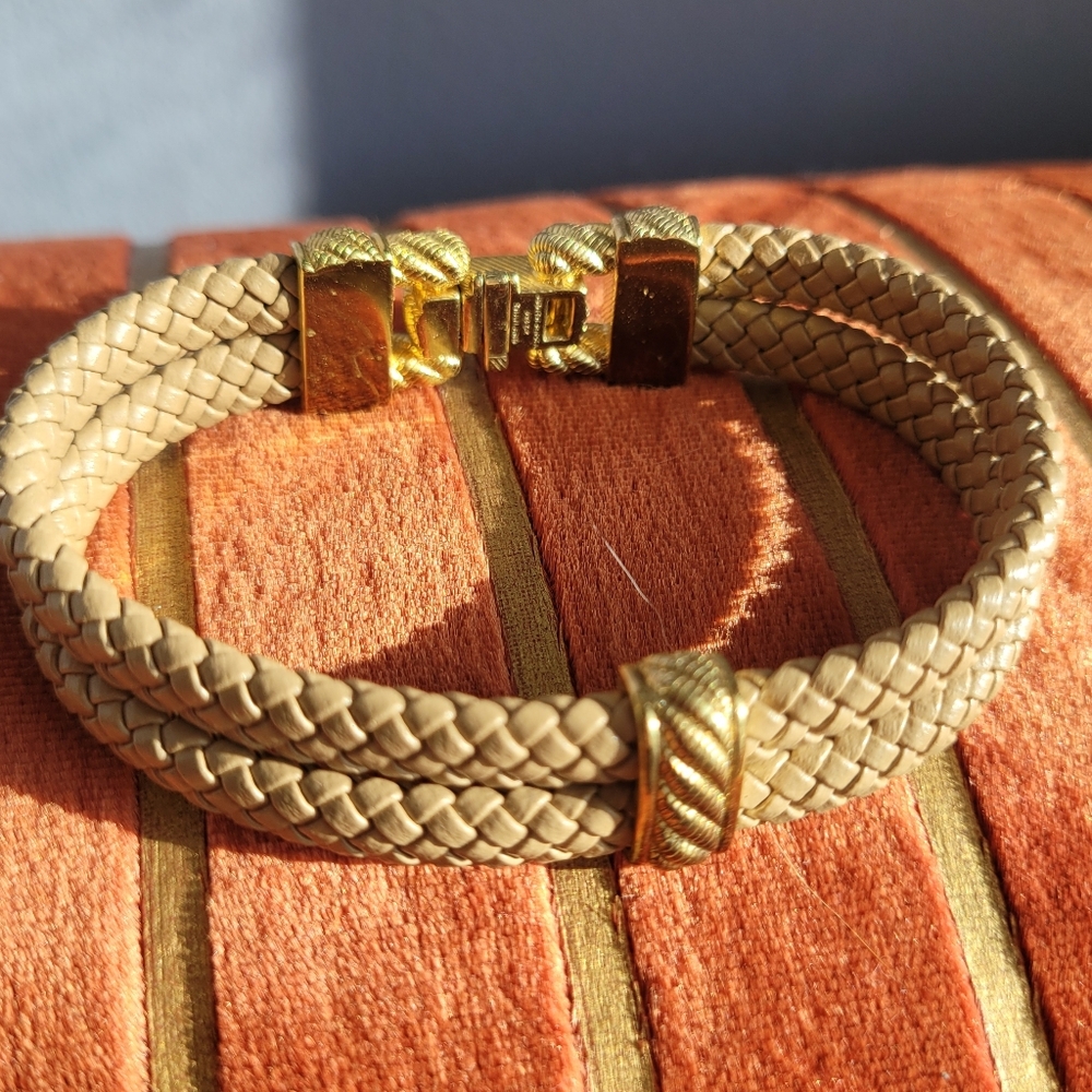 Judith Ripka Gold and Beige Braided Leather Bracelet with Crystal Accents - Picture 5 of 8
